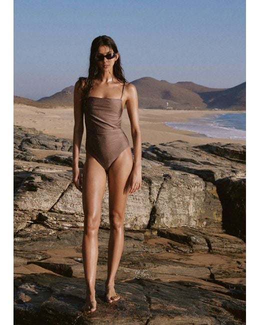Mango Natural Swimsuit With Side Ruched Strass Details