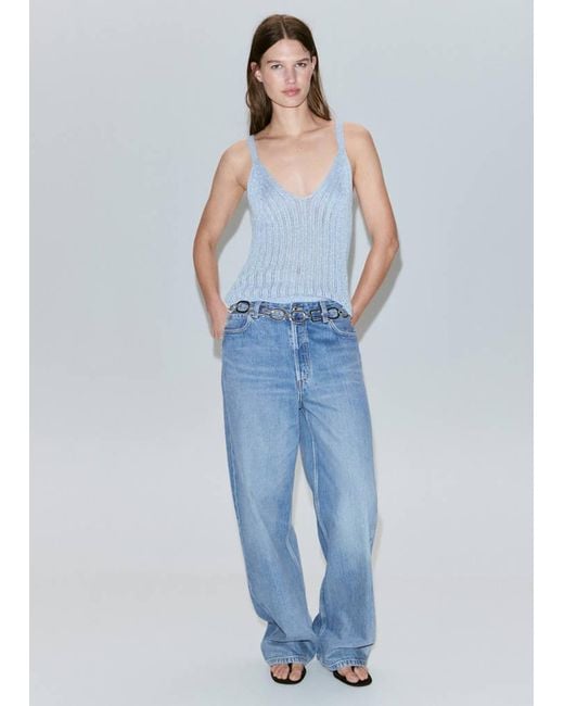 Mango Blue Openwork Lurex Knit Top