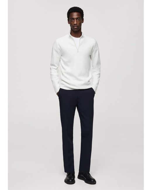 Mango White Zipped High Collar Sweater for men