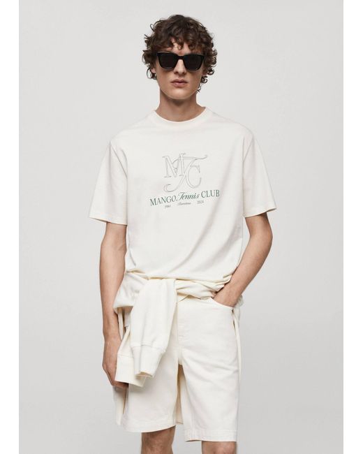 Mango White 100% Cotton Printed T-shirt for men