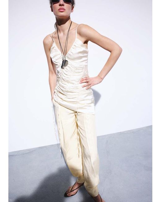 Mango White Satin Dress With Adjustable Ruching