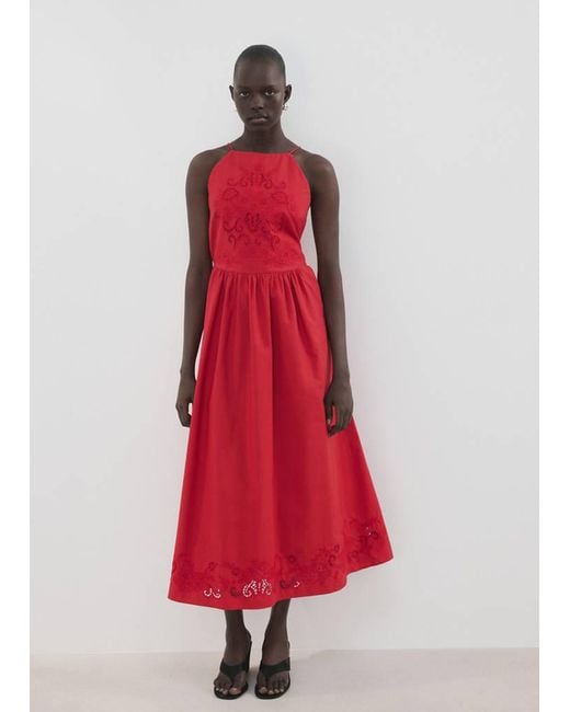 Mango Red Cotton Dress With Openwork Embroidery