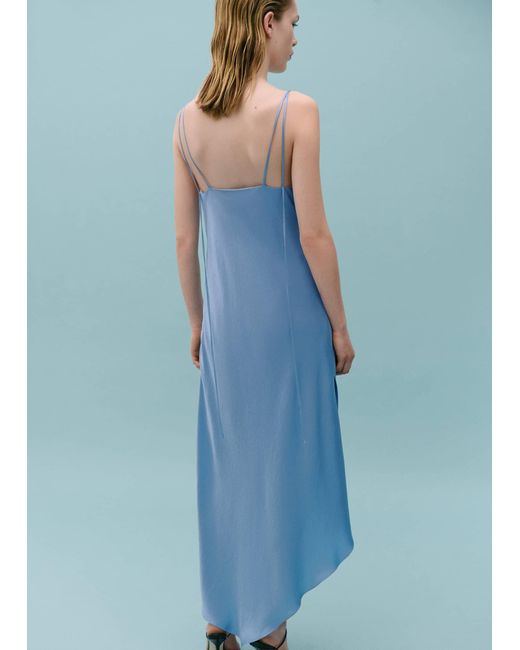 Mango Blue Asymmetrical Satin Dress With Gathered Opening Sky