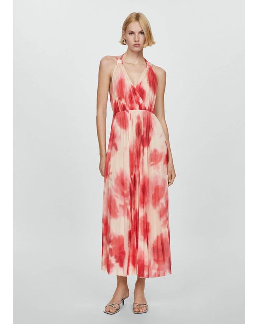 Mango Red Printed Pleated Dress Coral