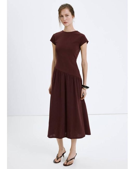 Mango Red Asymmetric Cut Short-Sleeve Dress