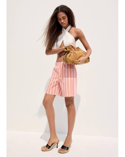 Mango Pink Straight-Fit Striped Bermuda Shorts