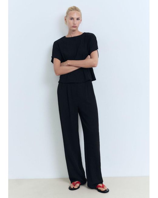 Mango Blue Straight-Fit Pleated Trousers