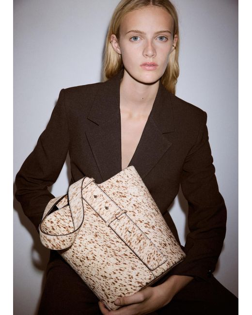 Mango Brown Leather And Fur Bucket Bag