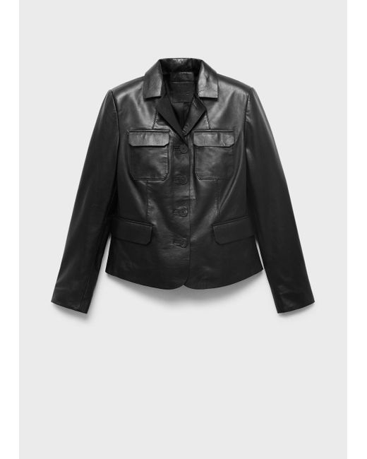 Mango Black Leather Jacket With Flap Pockets