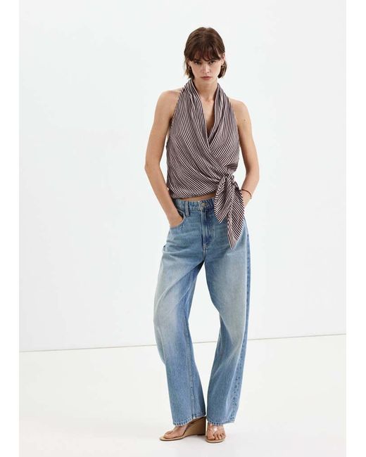 Mango Blue Striped Wrap Blouse With Tie