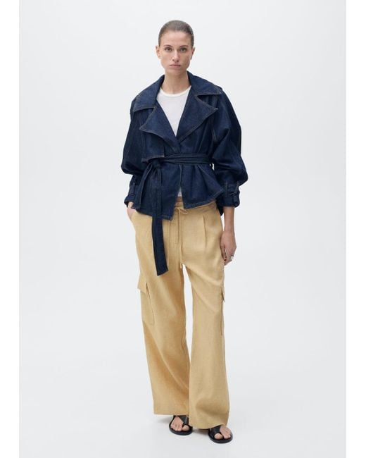 Mango Blue Linen Cargo Trousers