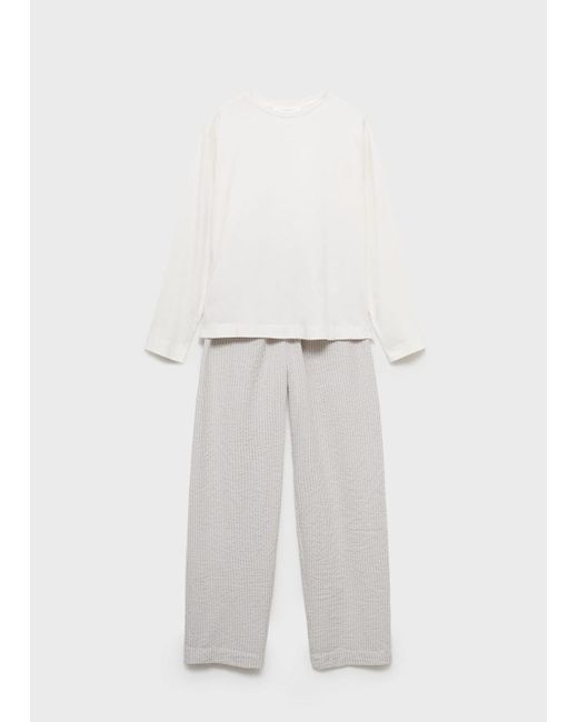 Mango White Seersucker Striped Two-Piece Pajamas Medium
