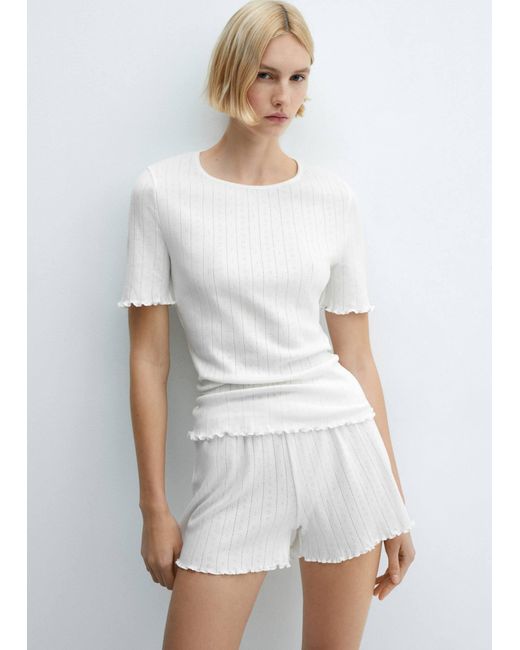 Mango White Cotton Pyjama Shorts With Gathered Hem