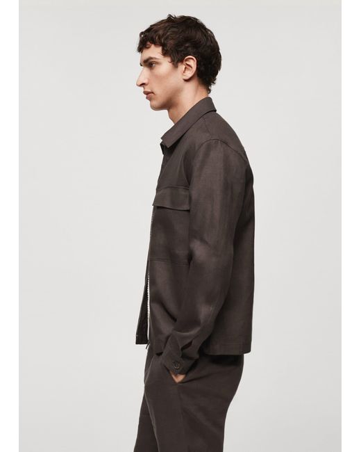 Mango Brown 100% Linen Overshirt With Pockets for men