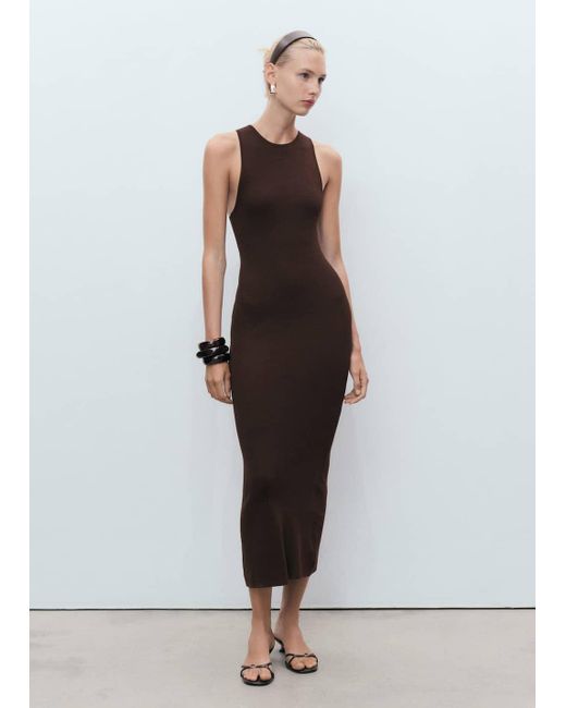 Mango White Halter-Neck Knitted Dress Chocolate