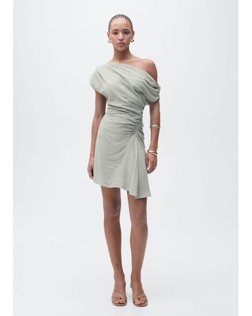 Mango White Asymmetrical Draped Short Dress