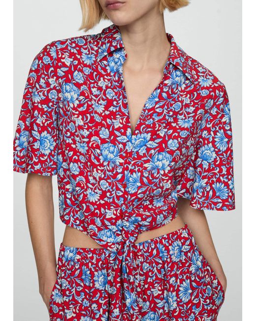 Mango Red Floral-print Shirt With Knot Detail