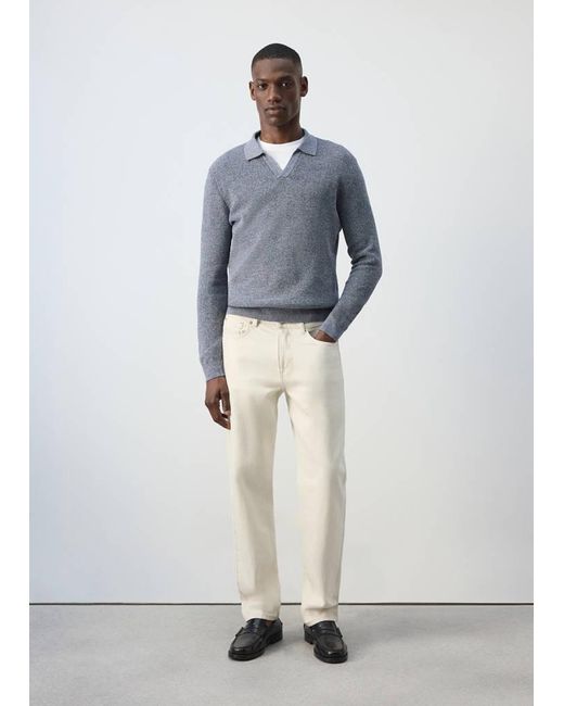 Mango White 100% Cotton Ribbed Knit Polo Shirt for men