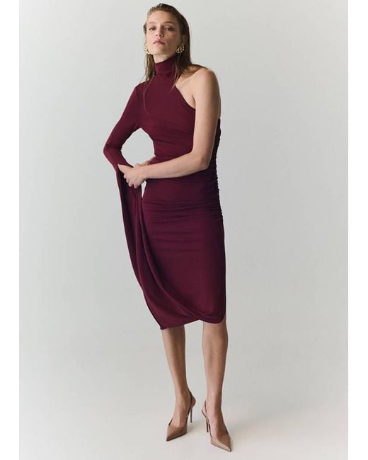 Mango Red Turtleneck Dress With Asymmetrical Sleeves