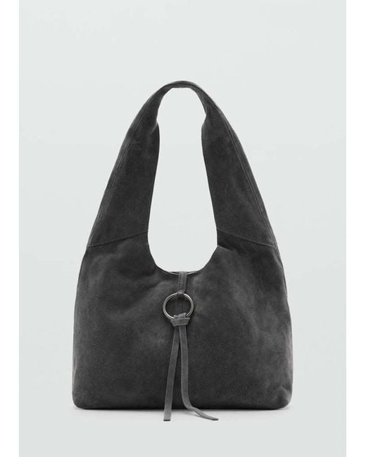 MANGO TEEN Black Leather Shoulder Bag With Ring Detail