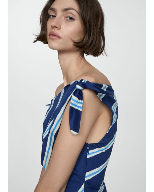 Mango Blue Striped Dress Bare Shoulders Ink