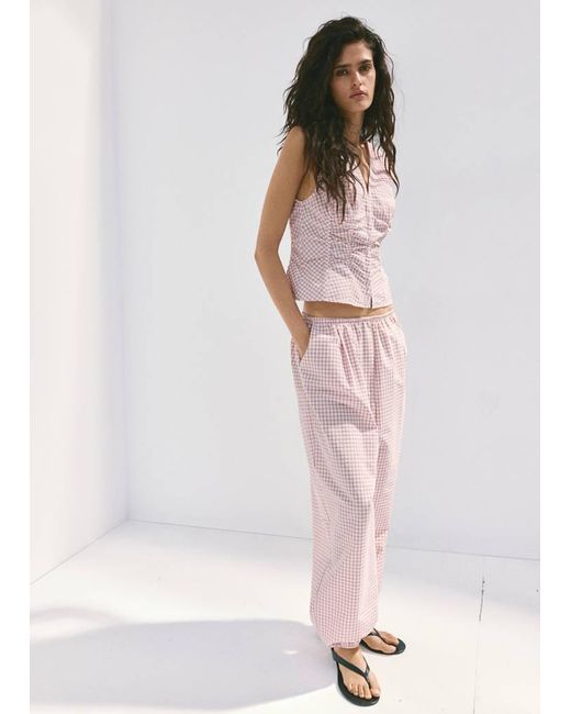 Mango Pink V-Neck Checked Blouse
