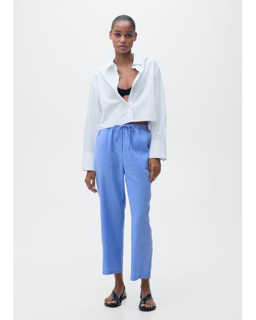 Mango Blue Straight Linen-Blend Trousers