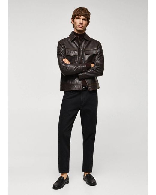 Mango Black Leather Jacket With Worn Effect for men