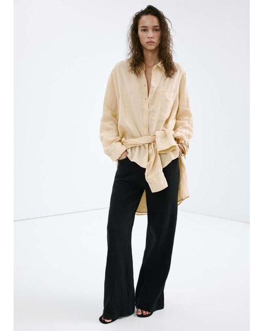 Mango Natural Straight-Leg Crinkle Trousers With A Mid-Rise