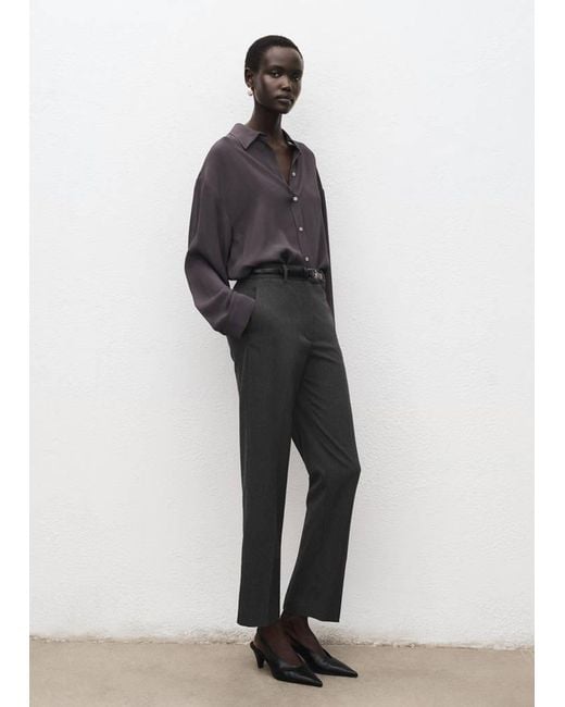 Mango Gray Slim Cropped Pinstripe Trousers