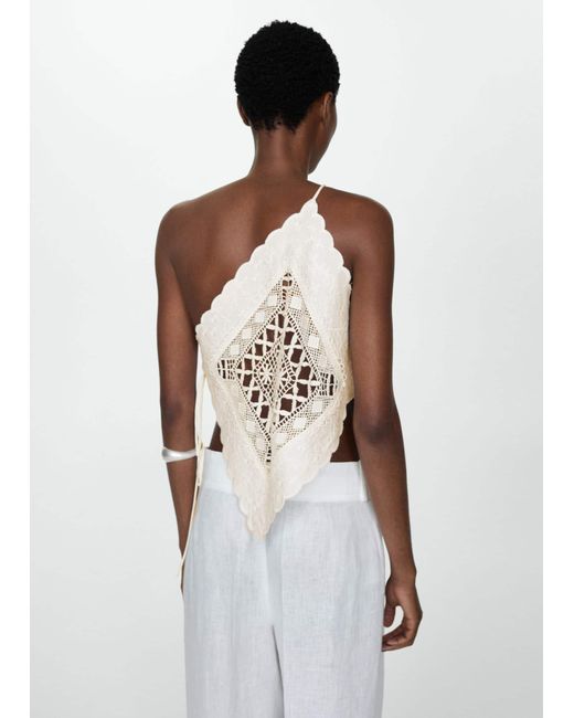 Mango White Asymmetrical Top With Embroidered Panel Off