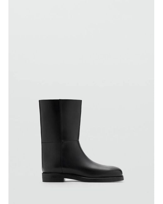 Mango Black Rounded Toe Leather Ankle Boots