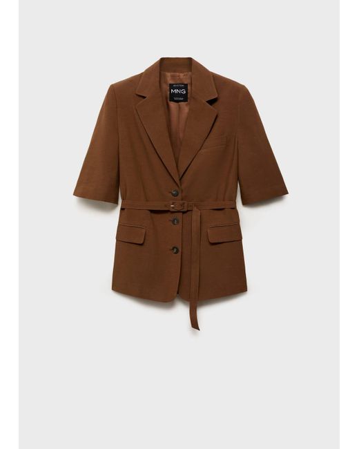 Mango Natural Linen-Blend Suit Jacket With Belt