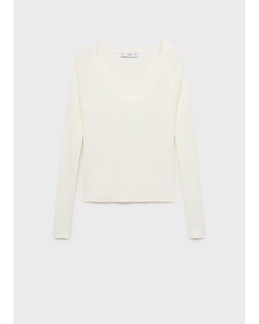 Mango White V-Neck Ribbed Knit Sweater