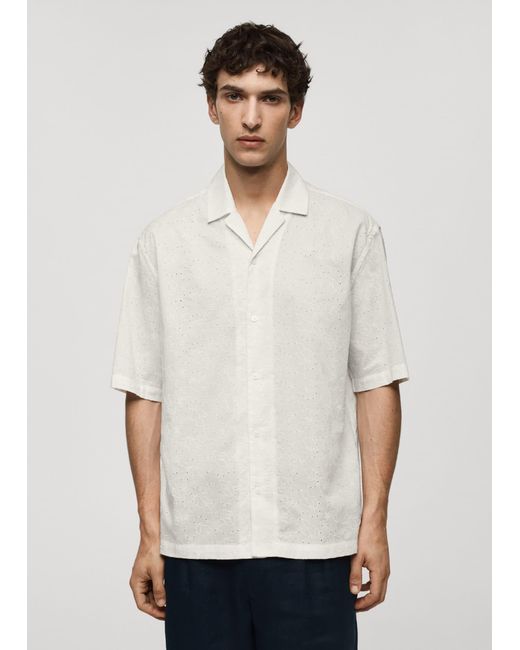Mango White Relaxed Fit 100% Cotton Embroidered Shirt Off for men