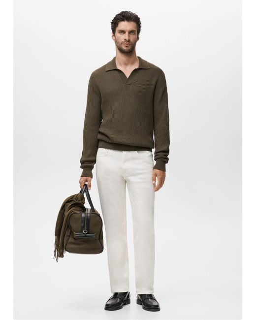 Mango White Structured Cotton Polo Sweater for men