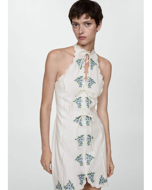 Mango White Bow Embroidered Dress Off