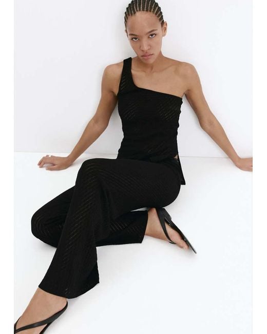 Mango Black Straight-Fit Openwork Knitted Trousers
