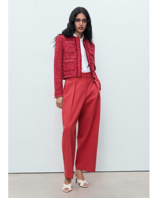 Mango Red Tweed Jacket With Frayed Ends