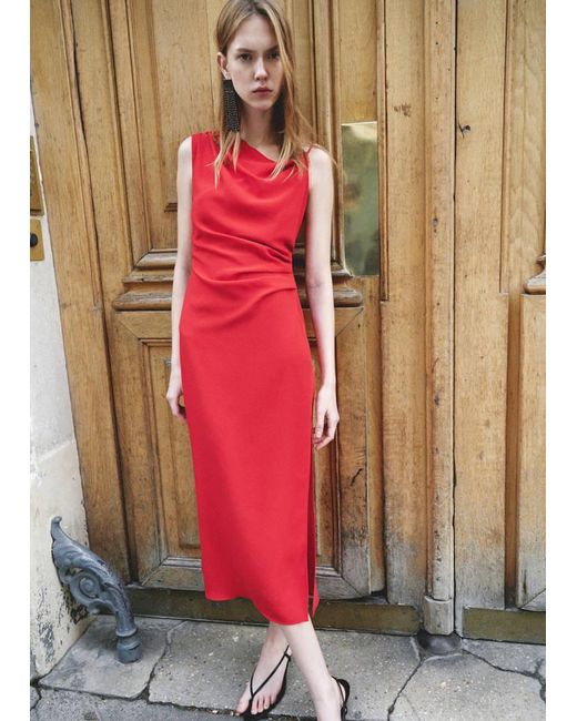 Mango Red Asymmetric Side Ruched Dress