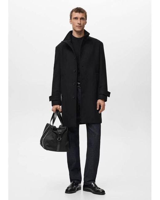 Mango Black Wool Funnel Neck Coat for men
