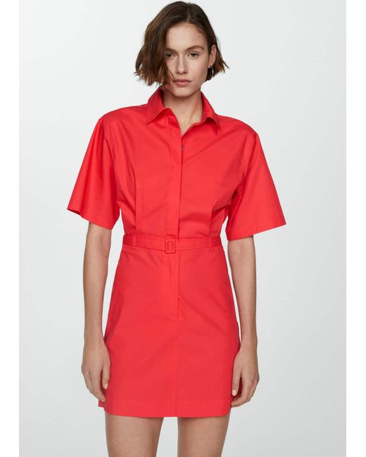 Mango Red Belt Shirt Dress Coral