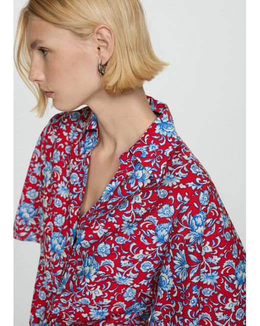 Mango Red Floral-print Shirt With Knot Detail