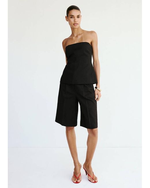 Mango Black Straight Linen Bermuda Shorts
