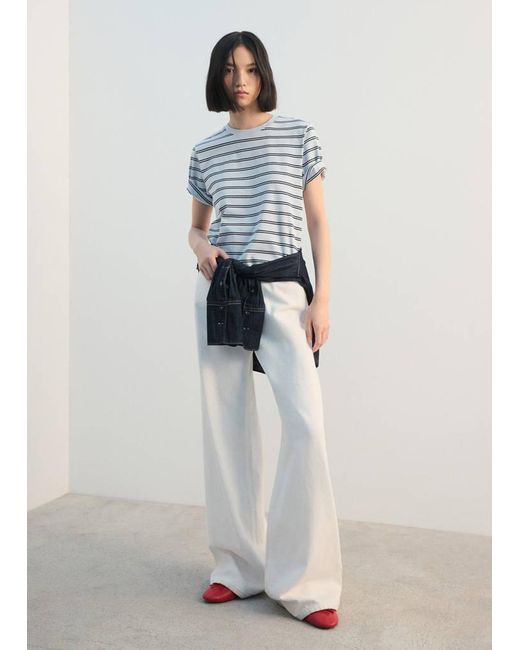 Mango White Striped Cotton T-Shirt