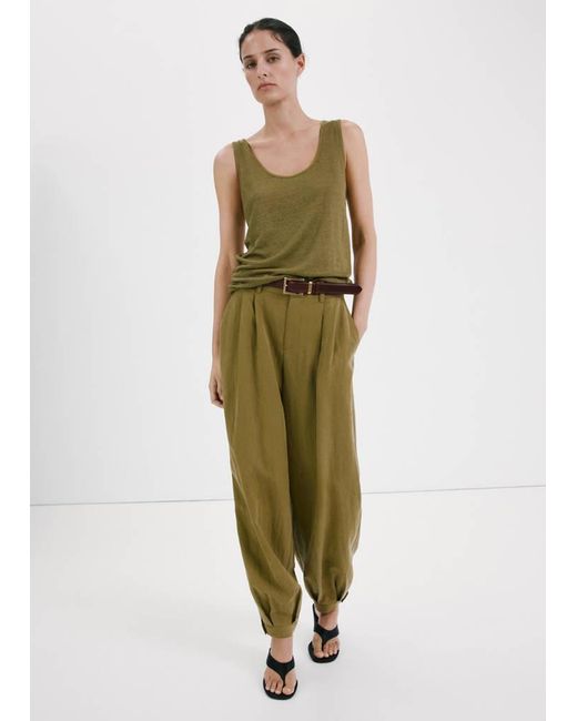 Mango Green Linen Top With Round Neckline