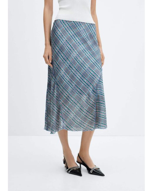 Mango Blue Satin Check Midi Skirt