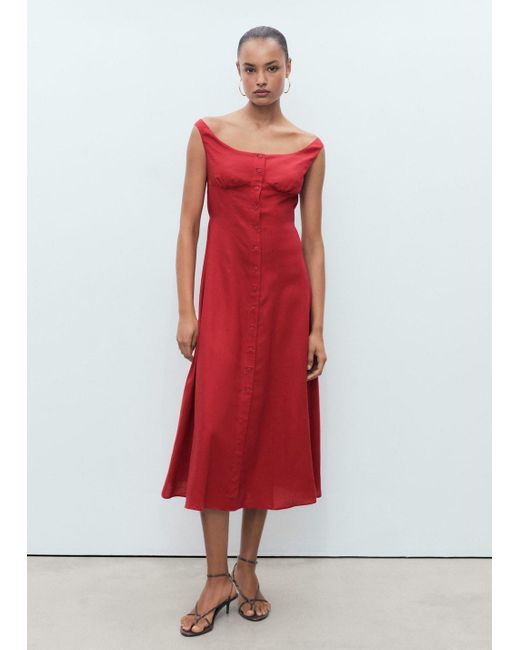Mango Red Geknöpftes Kleid Aus Leinenmischgewebe