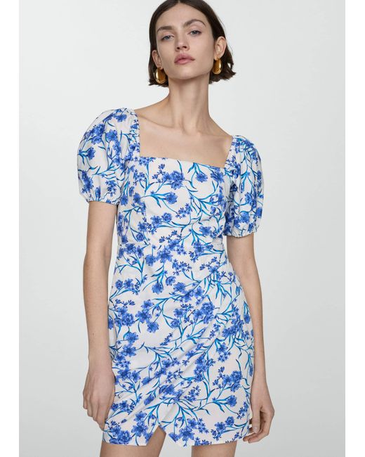Mango Blue Printed Dress With Balloon Sleeves Off