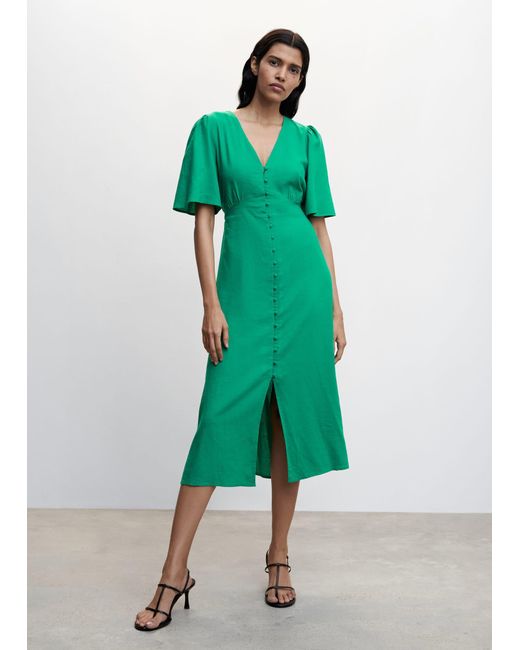 Mango Green Buttoned Linen-blend Dress Emerald